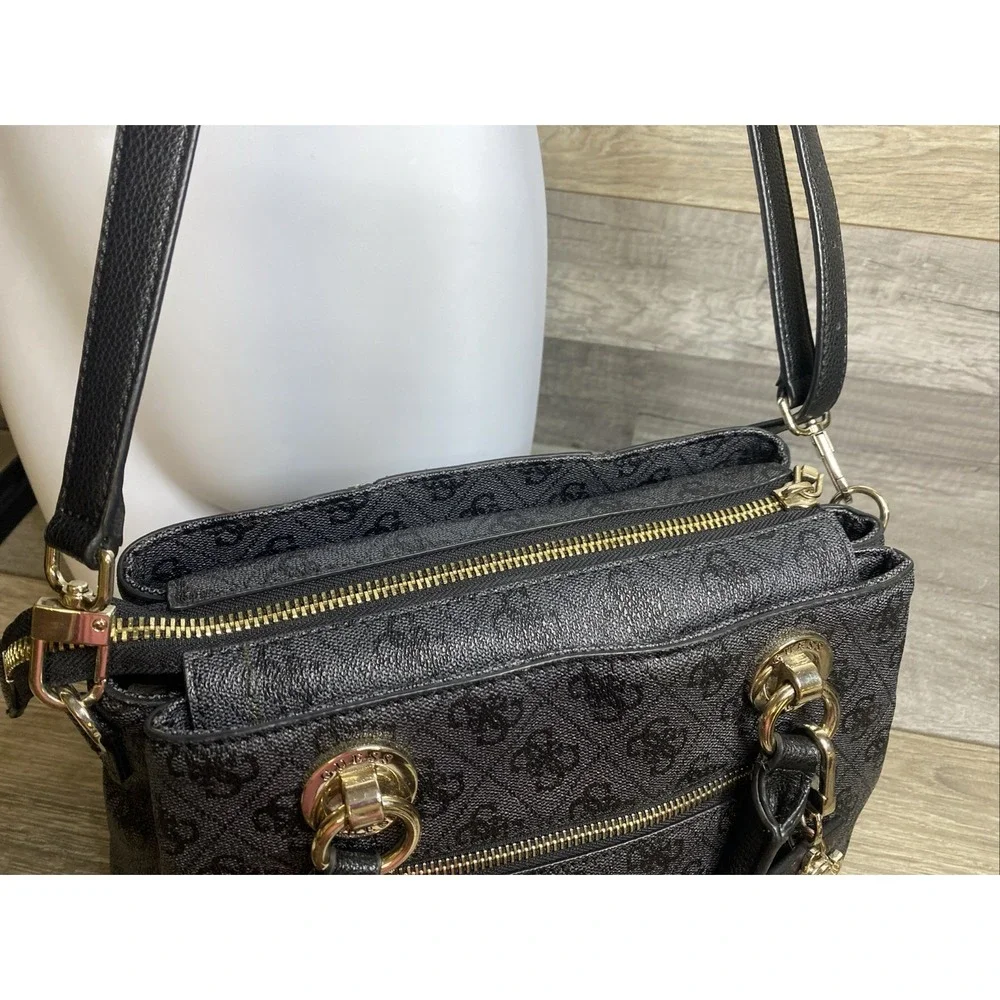 Guess EST 1981 Cathleen Charcoal Black Satchel 3 Compartment Handbag‎